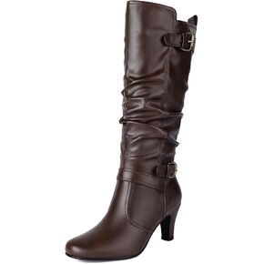 UTIKLIOU Women's Knee High Boots Slouchy Pull On Round Toe Wide Calf Boots Heeled Riding Boots Vintage Winter Shoes