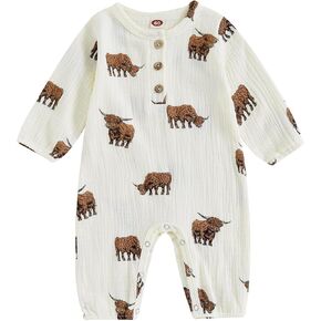 Infant Baby Boy Western Clothes Cow Cotton Linen Romper Jumpsuit Long Sleeve Button Down Bodysuit One Piece Outfit