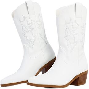 VIMISAOI Womens Cowboy Boots Comfortable Retro Pull On Pointed Toe Wide Calf Long Tall Block Chunky Heel Embroidered Western Cowgirl Mid Calf Boots