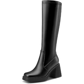 DearOnly Womens Fashion Gogo Boots Square Toe Chunky Block Heel Platform Knee High Boots Zipper Party Tall Boots 3.3 Inches Heels