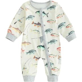 Newborn Baby Boy Girl Fishing Outfit Long Sleeve Zipper Fish Print Romper Jumpsuit Infant Coming Home Clothes