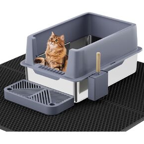 ROOMTEC Stainless Steel Cat Litter Box with Lid,XL Extra Large Metal Kitty Litter Box for Big Cats with High Sided,Include Scoop,Litter Mat，Non-Sticky, Anti-Leakage, Easy Clean