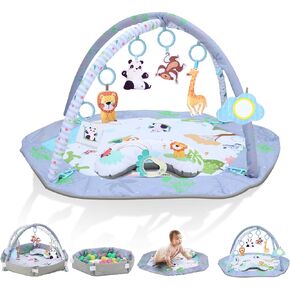 Baby Gym Play Mat, 8-in-1 Tummy Time Mat & Ball Pit with 6 Toys, Washable Baby Activity Play Mat for Visual, Hearing, Sensory, Motor Development, For Toddler Infant 0-3-6-9-12 Month-Jungle Theme