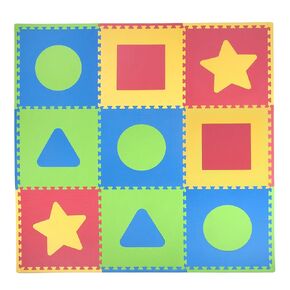 Tadpoles 9 Tiles First Shapes Foam Playmat | Interlocking Tiles with 12 Border Pieces | Soft EVA foam | Safe & Durable | Total Floor Coverage 74" x 74" | Kids Aged 3 & Up | Multi-Primary