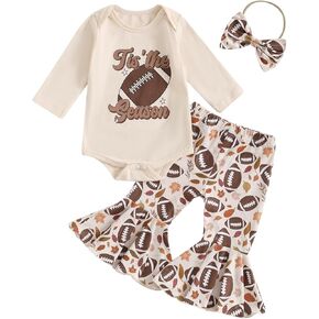 Newborn Baby Girl Football Outfit Tis the Season Football Romper Flared Pants Set 3Pcs Infant Fall Clothes