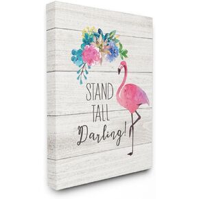 Stupell Industries Stand Tall Darling Flamingo Floral Watercolor on White Planks Canvas Wall Art, 16 x 20, Multi-Color