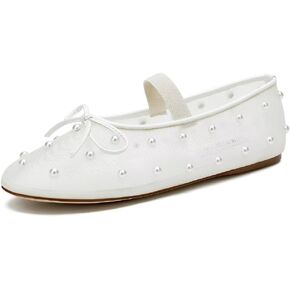 Mesh Ballet Flats for Women Pearl Mary Jane Flats Stretch Band Ballerina Shoes Casual Dress Shoes