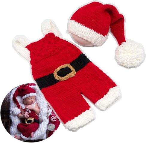 Zeroest الدعائم التصوير الفوتوغرافي لحديثي الولادة زي عيد الميلاد الطفل الكروشيه قبعة سانتا والحمالات رومبير الرضع صبي فتاة صور الدعامة in Kuwait