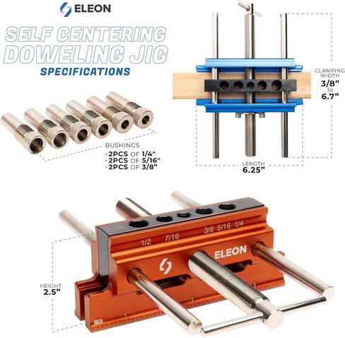 Eleon - Self Centering Dowel Jig with Elongated Jaws and Extra Wide Clamp - Precision Woodworking Made Effortless - Lasting Craftsmanship - Durable Aluminum Alloy Dowel Drill Guide - Orange in Saudi Arabia