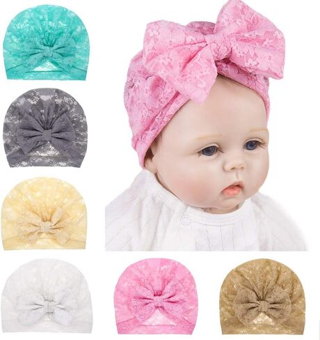 قبعات عمامة للفتيات الصغيرات قبعات معقودة للأطفال الصغار في المستشفى قبعة صغيرة على شكل فيونكة غطاء رأس هندي للرضع حديثي الولادة (دانتيل، 6 قطع) in Kuwait