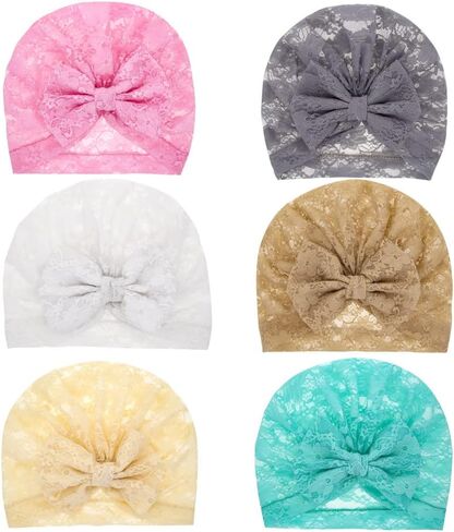 قبعات عمامة للفتيات الصغيرات قبعات معقودة للأطفال الصغار في المستشفى قبعة صغيرة على شكل فيونكة غطاء رأس هندي للرضع حديثي الولادة (دانتيل، 6 قطع) in Kuwait
