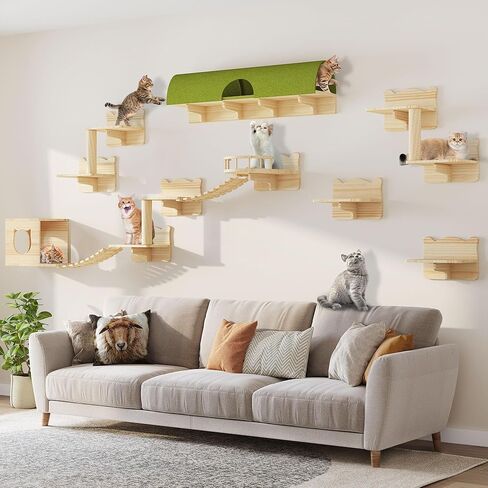 DWVO Cat Wall Shelves and Perches for Wall, Wooden Wall Mounted Cat Furniture, Set of 9 Cat Climbing Shelves with 1 Cat Wall House, 4 Wall Steps, 2 Bridge Ladder, 1 Cat Scratching Post and 1 Cat Bed in Saudi Arabia