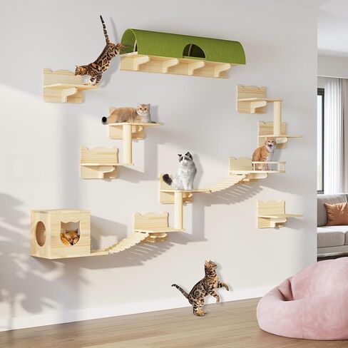 DWVO Cat Wall Shelves and Perches for Wall, Wooden Wall Mounted Cat Furniture, Set of 9 Cat Climbing Shelves with 1 Cat Wall House, 4 Wall Steps, 2 Bridge Ladder, 1 Cat Scratching Post and 1 Cat Bed in Saudi Arabia