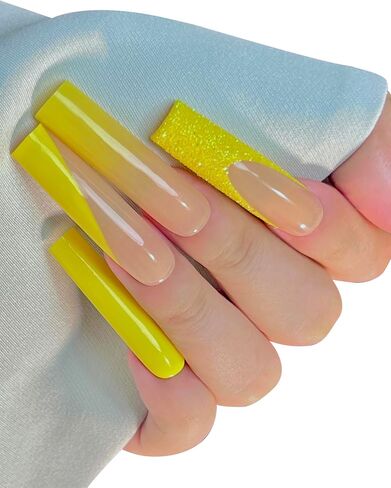 HAND-PAINTED White Press Ons Neon Small Press on Nails Long French Press on Nails Coffin Medium Short Nail art Fake Nail Art Kit with 7g Glue on Nails Handmade Almond Square Nails (Large, Style 26) in Kuwait
