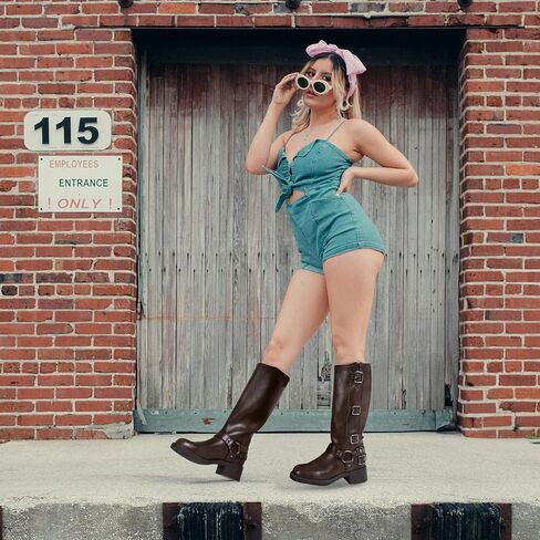 Knee High Boots Women Moto Biker Buckle Tall Boots | Square Toe Pull On Riding Long Boots Chunky Low Heel Casual Vintage Rivet Club Trendy Motorcycle Festival Spring Summer Fall in Saudi Arabia