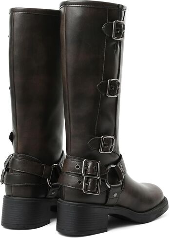 Knee High Boots Women Moto Biker Buckle Tall Boots | Square Toe Pull On Riding Long Boots Chunky Low Heel Casual Vintage Rivet Club Trendy Motorcycle Festival Spring Summer Fall in Saudi Arabia