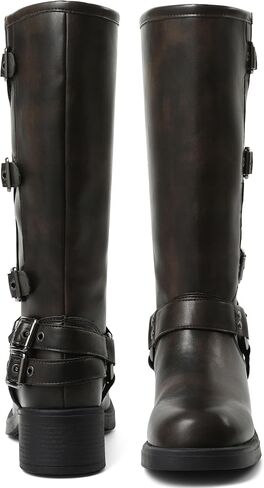 Knee High Boots Women Moto Biker Buckle Tall Boots | Square Toe Pull On Riding Long Boots Chunky Low Heel Casual Vintage Rivet Club Trendy Motorcycle Festival Spring Summer Fall in Saudi Arabia