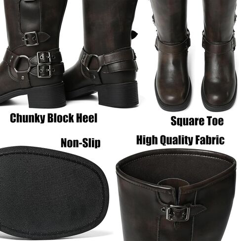 Knee High Boots Women Moto Biker Buckle Tall Boots | Square Toe Pull On Riding Long Boots Chunky Low Heel Casual Vintage Rivet Club Trendy Motorcycle Festival Spring Summer Fall in Saudi Arabia