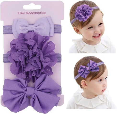 3pcs Cute Baby Bows Headband Chiffon Flower Girl Hairband for Toddler Newborn Infant Soft Elastic Hair Bow Accessories for Baby Birthday Party (Purple, Standard size) in Saudi Arabia