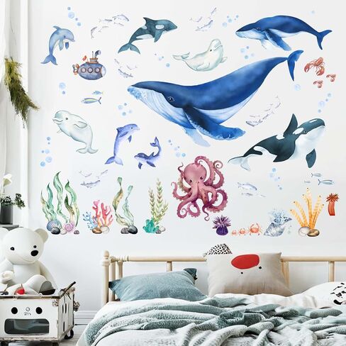 Under The Sea Fish Wall Decals - Whale Shark Squid Dolphin Ocean Animals Wall Stickers - Baby Nursery Kids Boy Girls Room Bedroom Bathroom Daycare Playroom Classroom Wall Decor in Saudi Arabia