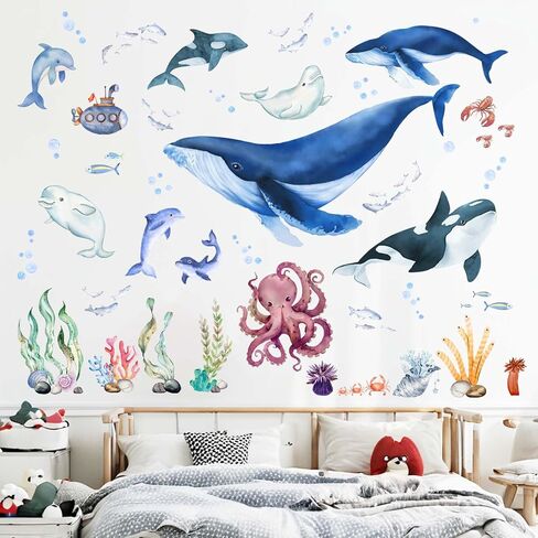 Under The Sea Fish Wall Decals - Whale Shark Squid Dolphin Ocean Animals Wall Stickers - Baby Nursery Kids Boy Girls Room Bedroom Bathroom Daycare Playroom Classroom Wall Decor in Saudi Arabia