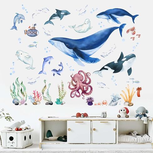 Under The Sea Fish Wall Decals - Whale Shark Squid Dolphin Ocean Animals Wall Stickers - Baby Nursery Kids Boy Girls Room Bedroom Bathroom Daycare Playroom Classroom Wall Decor in Saudi Arabia