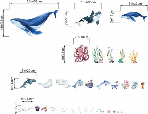 Under The Sea Fish Wall Decals - Whale Shark Squid Dolphin Ocean Animals Wall Stickers - Baby Nursery Kids Boy Girls Room Bedroom Bathroom Daycare Playroom Classroom Wall Decor in Saudi Arabia