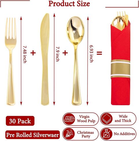 Supernal 60 Pack Gold Plastic Silverware,Rolled Plastic Silverware,Pre Wrapped Gold Silverware with Black Napkins,Heavy Duty Plastic Cutlery,Plastic Forks and Spoons,Rolled Gold Plastic Cutlery in Saudi Arabia