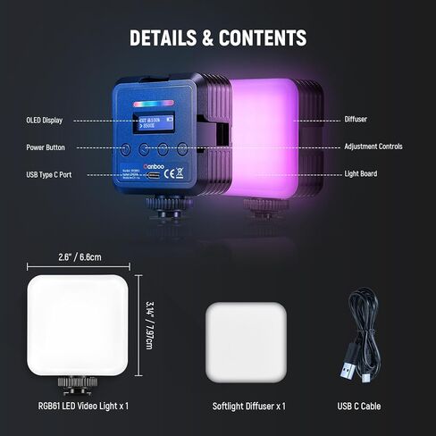ضوء فيديو LED مغناطيسي صغير RGB، حجم الجيب RGB61 360 درجة لون كامل على ضوء الكاميرا مع بطارية 2000 مللي أمبير/أحذية باردة/CRI 97+/20 مشهد/2500K-8500K درجة حرارة اللون in Kuwait