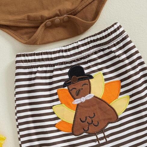 Lamuusaa My First Thanksgiving Baby Boy Outfit Long Sleeve Turkey Romper Stripe Long Pants Turkey Hat 3Pcs Clothes Set 0-18M in Saudi Arabia