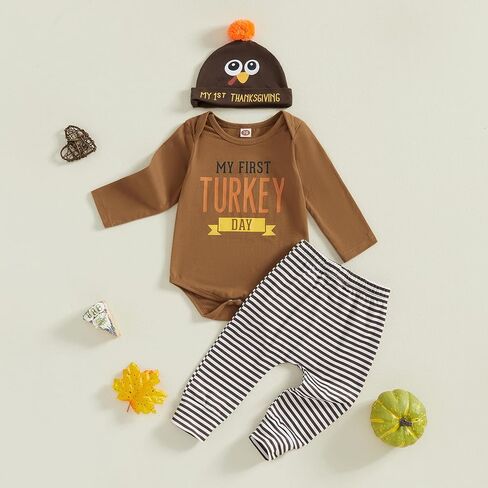 Lamuusaa My First Thanksgiving Baby Boy Outfit Long Sleeve Turkey Romper Stripe Long Pants Turkey Hat 3Pcs Clothes Set 0-18M in Saudi Arabia