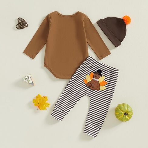 Lamuusaa My First Thanksgiving Baby Boy Outfit Long Sleeve Turkey Romper Stripe Long Pants Turkey Hat 3Pcs Clothes Set 0-18M in Saudi Arabia
