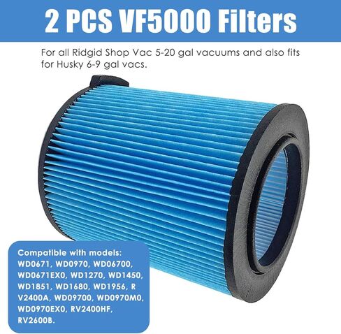 عبوة من 2 مرشحات بديلة VF5000 من ANBOO لمكنسة Ridgid Shop Vac 5-20 جالون للمكانس الكهربائية الرطبة/الجافة + 3 عبوات VF3502 أكياس فلتر مكنسة كهربائية متوافقة مع مكانس Shop Vac 12-16 جالون، مع فرشاة واحدة in Kuwait
