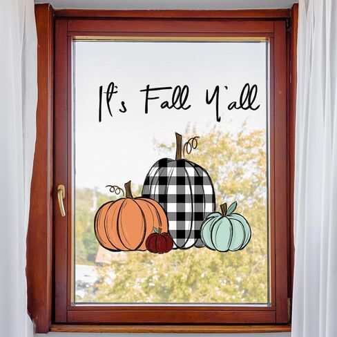 Fall Window Clings Boho Pumpkin Maple Leaf Reusable Window Decals for Autumn Thanksgiving Home Kitchen Window Glass Decor in Kuwait