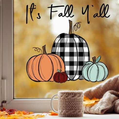 Fall Window Clings Boho Pumpkin Maple Leaf Reusable Window Decals for Autumn Thanksgiving Home Kitchen Window Glass Decor in Kuwait