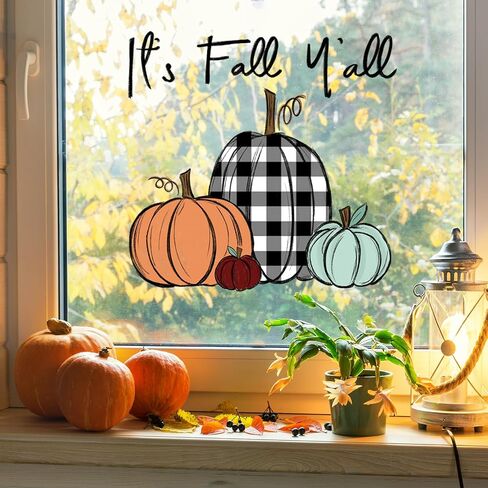 Fall Window Clings Boho Pumpkin Maple Leaf Reusable Window Decals for Autumn Thanksgiving Home Kitchen Window Glass Decor in Kuwait