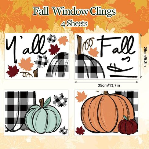 Fall Window Clings Boho Pumpkin Maple Leaf Reusable Window Decals for Autumn Thanksgiving Home Kitchen Window Glass Decor in Kuwait