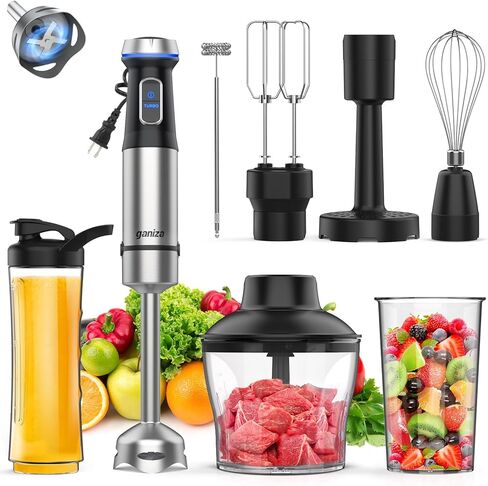 Ganiza Immersion Blender 5 in 1 Hand Blender 1000W Heavy Duty Motor, 16 Speed Mode Handheld Blender Stainless Steel Blade With 800ml Mixing Beaker, 600ml Chopper, Whisk and Milk Frother in Saudi Arabia