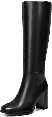 Lumeheel Black Knee High Boots for Women Round Toe Chunky Heel Gogo Boots with Side Zip Women's Fashion Tall Boots in Kuwait