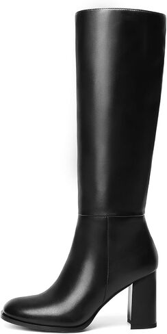 Lumeheel Black Knee High Boots for Women Round Toe Chunky Heel Gogo Boots with Side Zip Women's Fashion Tall Boots in Kuwait