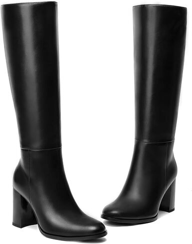 Lumeheel Black Knee High Boots for Women Round Toe Chunky Heel Gogo Boots with Side Zip Women's Fashion Tall Boots in Kuwait