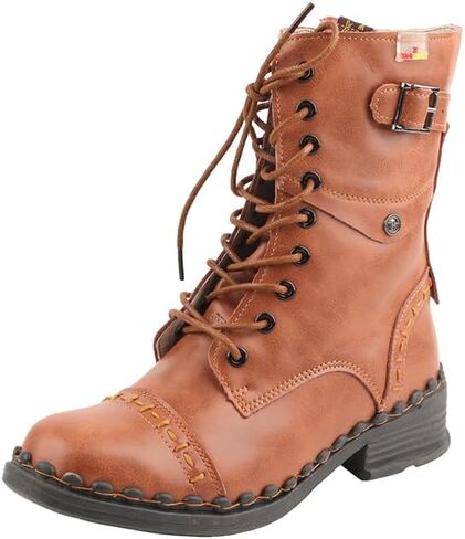TMA EYES Women's Clasical Lace-Up Zipper Breathable Lining Flat with Hand-stitched Mid-calf Boots in Kuwait