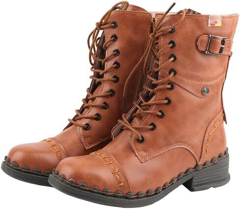 TMA EYES Women's Clasical Lace-Up Zipper Breathable Lining Flat with Hand-stitched Mid-calf Boots in Kuwait