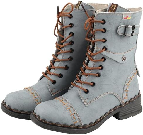 TMA EYES Women's Clasical Lace-Up Zipper Breathable Lining Flat with Hand-stitched Mid-calf Boots in Kuwait