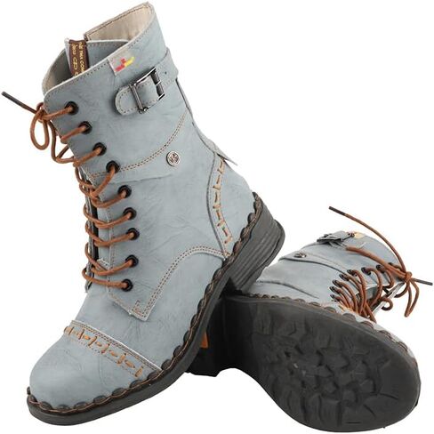 TMA EYES Women's Clasical Lace-Up Zipper Breathable Lining Flat with Hand-stitched Mid-calf Boots in Kuwait