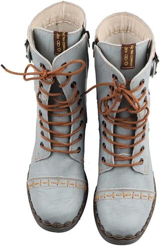TMA EYES Women's Clasical Lace-Up Zipper Breathable Lining Flat with Hand-stitched Mid-calf Boots in Kuwait