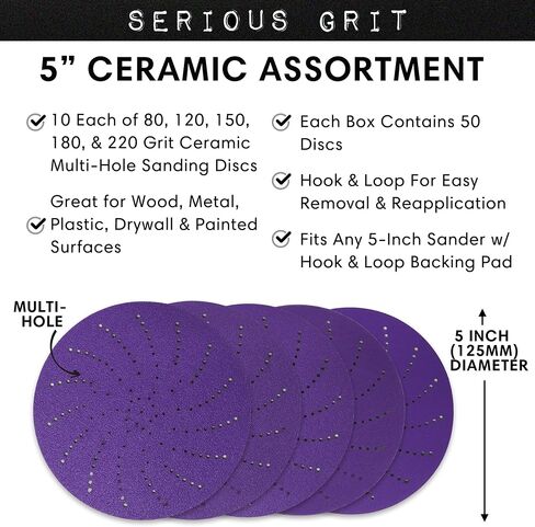 5-Inch Assorted Grit Ceramic Multi-Hole Hook & Loop Sanding Discs - Advanced Grain for Fast Cutting & Long Life - Film-Backed Universal Fit Sandpaper for 5-in Sanders - 50 Pack Box in Saudi Arabia