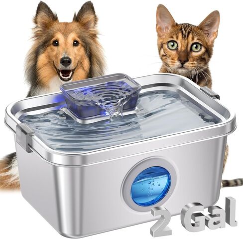 Dog & Cat Water Fountain, 2 Gallon 304 Food Grade Stainless Steel Water Fountain for Small, Medium & Large Dog, Quiet Pet Water Fountain with Filter, Smart Water Pump Protection, Easy to Clean in Saudi Arabia