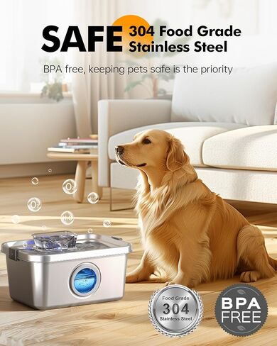 Dog & Cat Water Fountain, 2 Gallon 304 Food Grade Stainless Steel Water Fountain for Small, Medium & Large Dog, Quiet Pet Water Fountain with Filter, Smart Water Pump Protection, Easy to Clean in Saudi Arabia