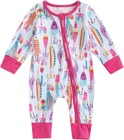 Newborn Baby Boy Girl Fishing Outfit Long Sleeve Zipper Fish Print Romper Jumpsuit Infant Coming Home Clothes in Saudi Arabia